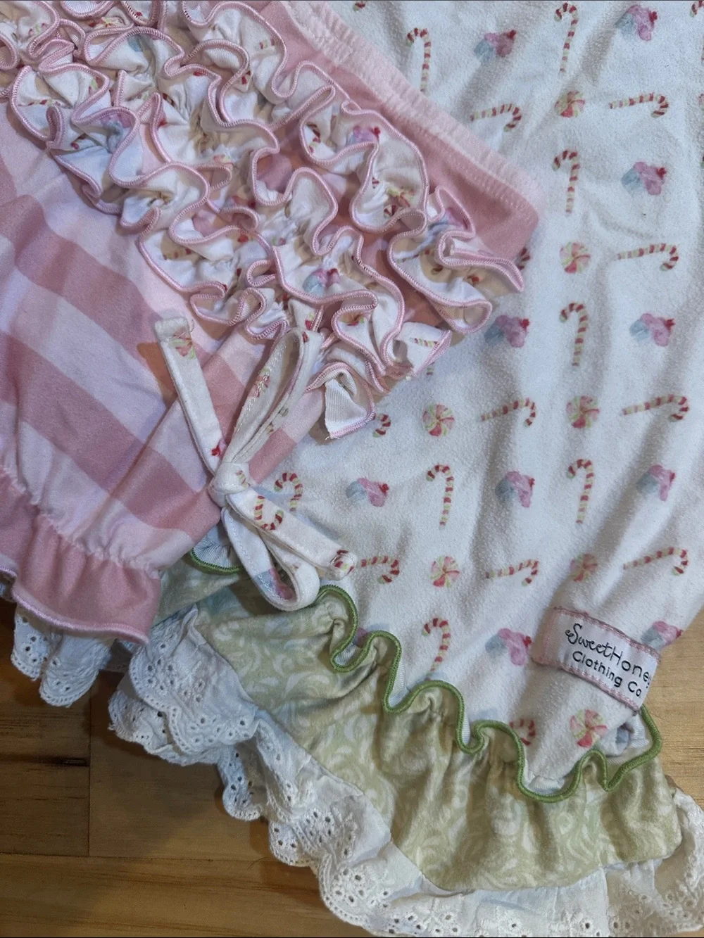 SweetHoney Pink White Green Striped Floral Ruffle Pajama Set